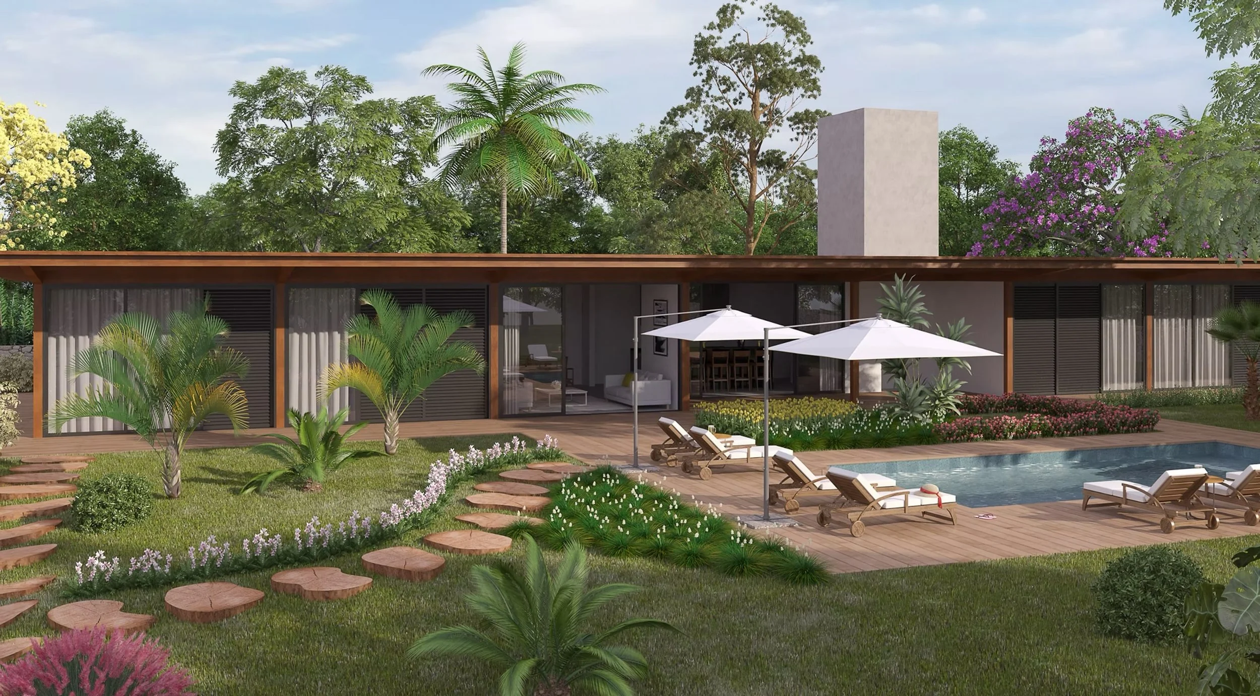Casa moderna com piscina ao ar livre, espreguiçadeiras, guarda-sóis brancos, jardim bem cuidado com plantas tropicais e árvores, ambiente de lazer externo.