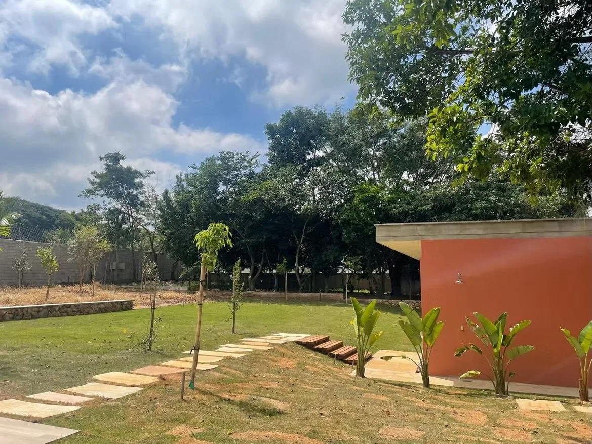 Jardim com árvores jovens, caminho de pedras, área gramada, parede laranja e árvores mais altas ao fundo sob céu parcialmente nublado.