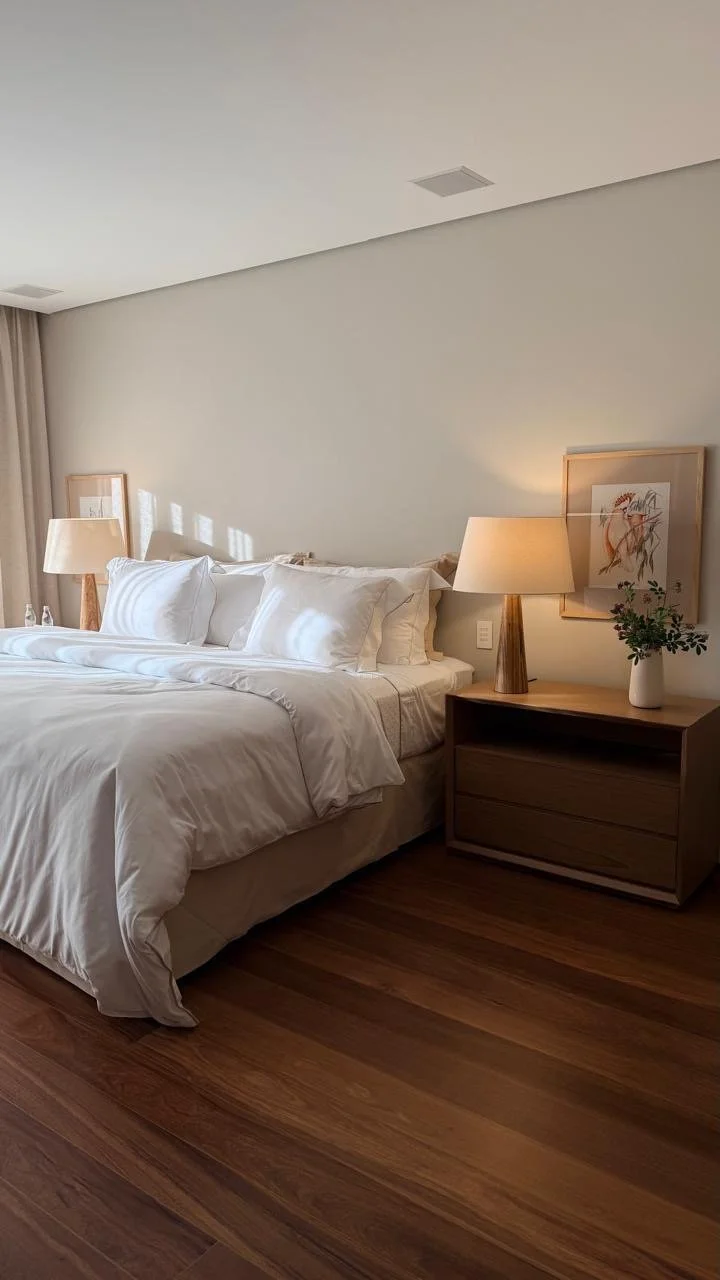 Quarto bem decorado com cama de roupa branca, duas luminárias de mesa de madeira ao lado da cama, uma planta e uma obra de arte na parede.