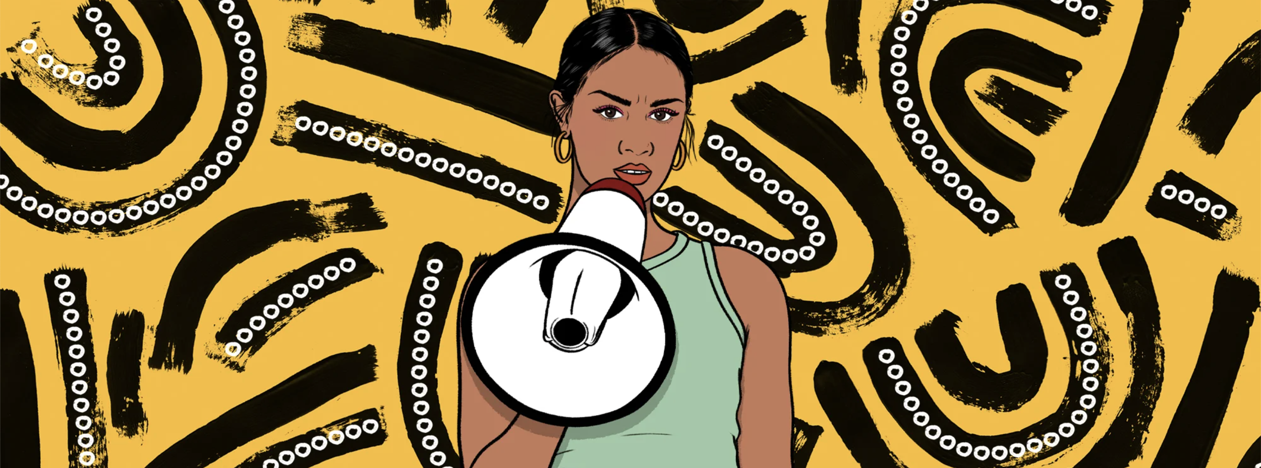 Illustration of a woman holding a megaphone in front of a vibrant yellow background with black and white abstract patterns.