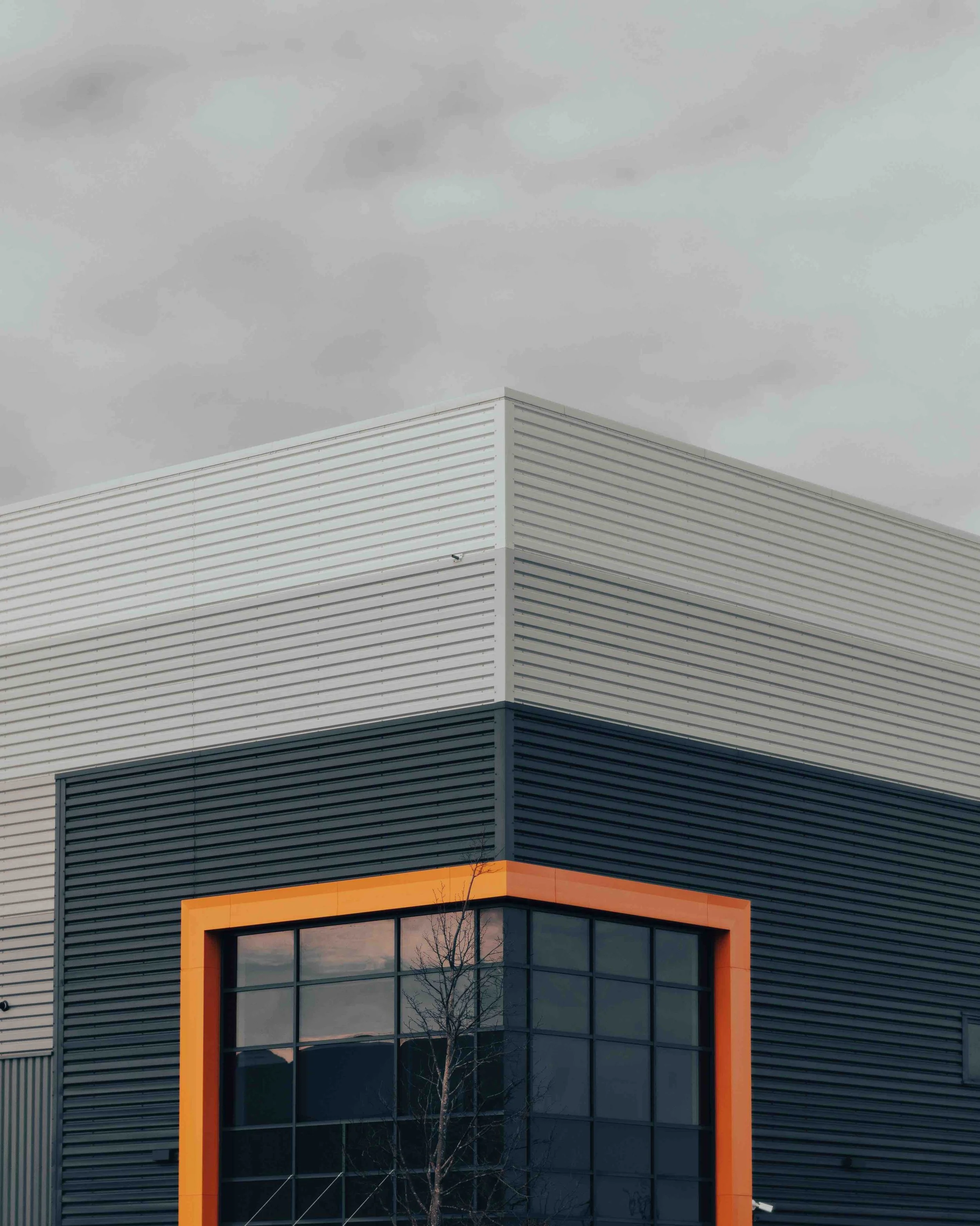 Front view of a modern building with horizontal metal siding, large glass windows, and an orange frame around the entrance, with a leafless tree in front and gray cloudy sky overhead.