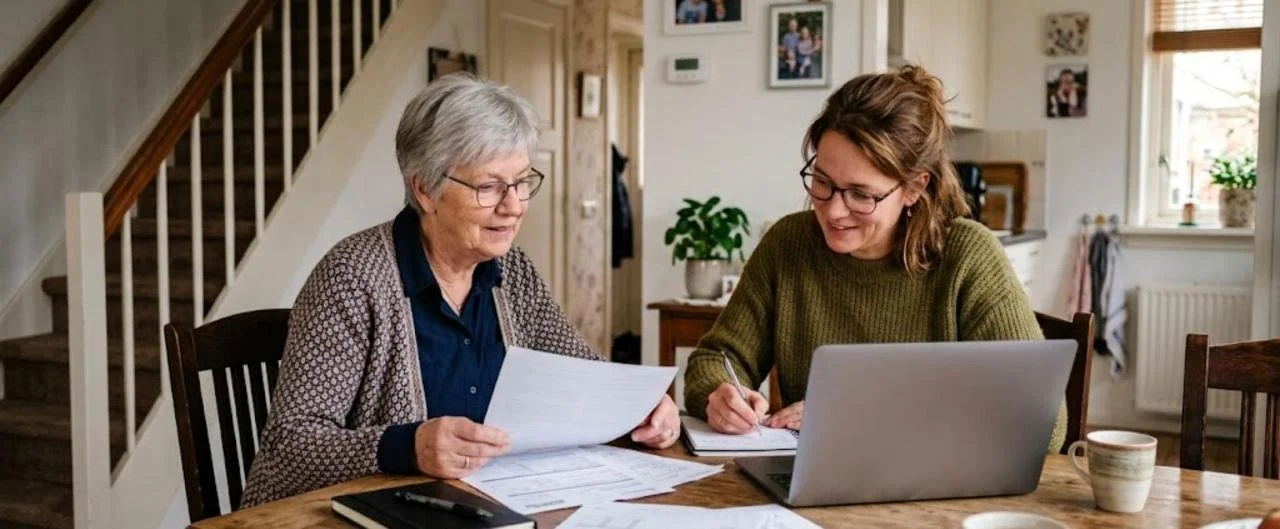 Moeder en dochter bekijken samen de Wmo-aanvraag voor een traplift aan de keukentafel.