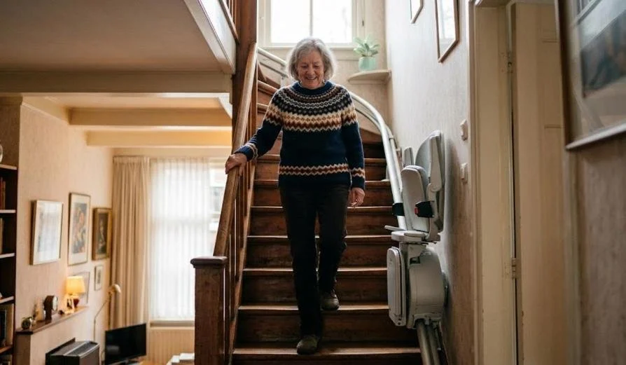 AI-illustratie: vrouw loopt een smalle trap af langs een ingeklapte traplift aan de muurkant