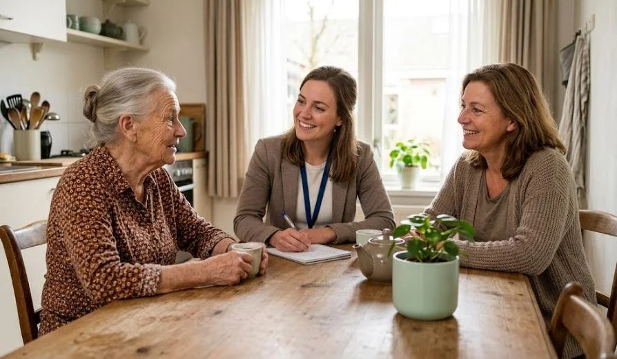 AI-illustratie: oudere vrouw en haar dochter in gesprek met een medewerkster van de gemeente aan de keukentafel