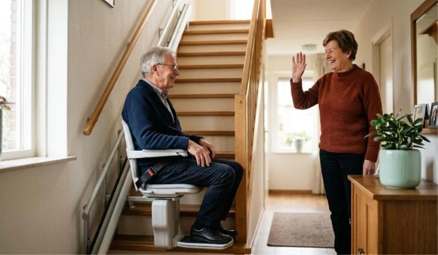 AI-illustratie: oudere man zit op een traplift onderaan een rechte trap, zijn vrouw zwaait naar hem