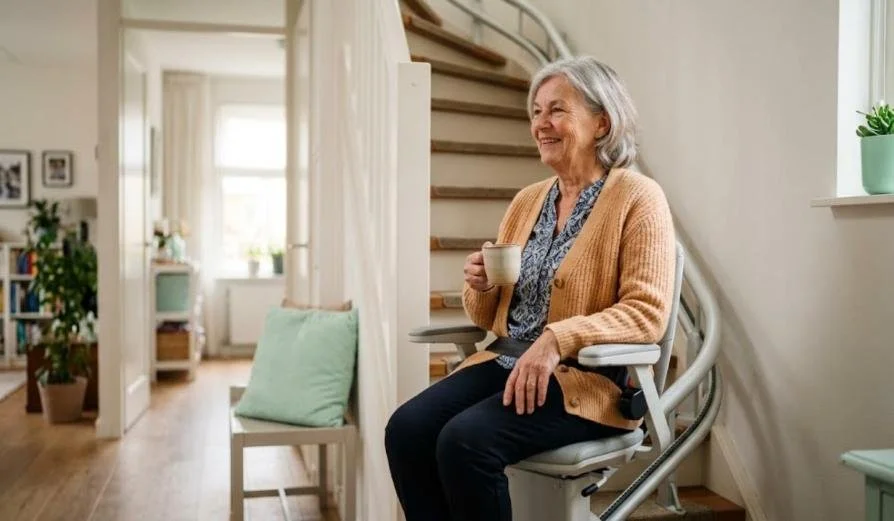 AI-illustratie: oudere vrouw zit met een kop thee op een traplift bij een trap met een bocht