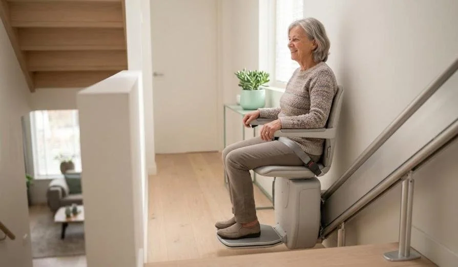 AI-illustratie: vrouw zit op een strakke, moderne traplift in een licht, minimalistisch interieur