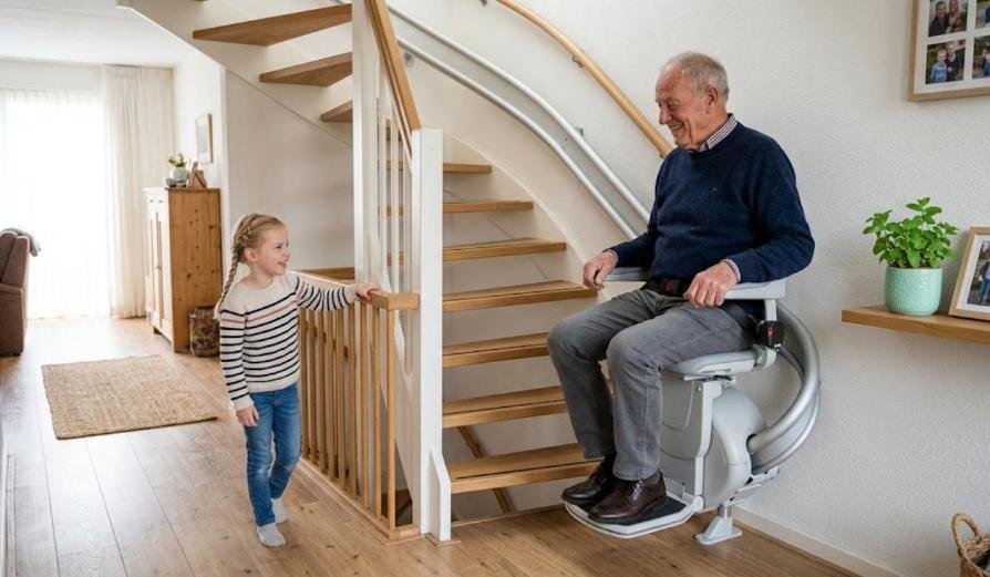 AI-illustratie: oudere man zit op een traplift onderaan een trap met een bocht, zijn kleindochter kijkt lachend toe