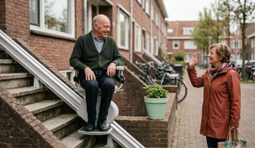 AI-illustratie: oudere man zit op een buitentraplift langs de stenen trap naar zijn voordeur, een buurvrouw groet hem
