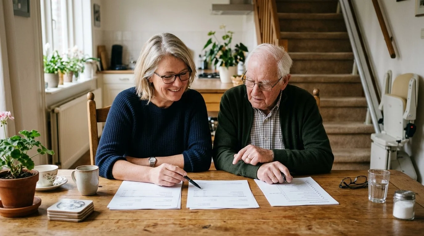 AI-illustratie: dochter en oudere vader vergelijken drie traplift-offertes aan de keukentafel, met een traplift op de trap op de achtergrond