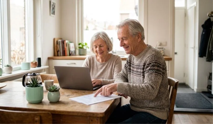 AI-illustratie: ouder echtpaar bekijkt samen aan de keukentafel een overzicht op papier en een laptop
