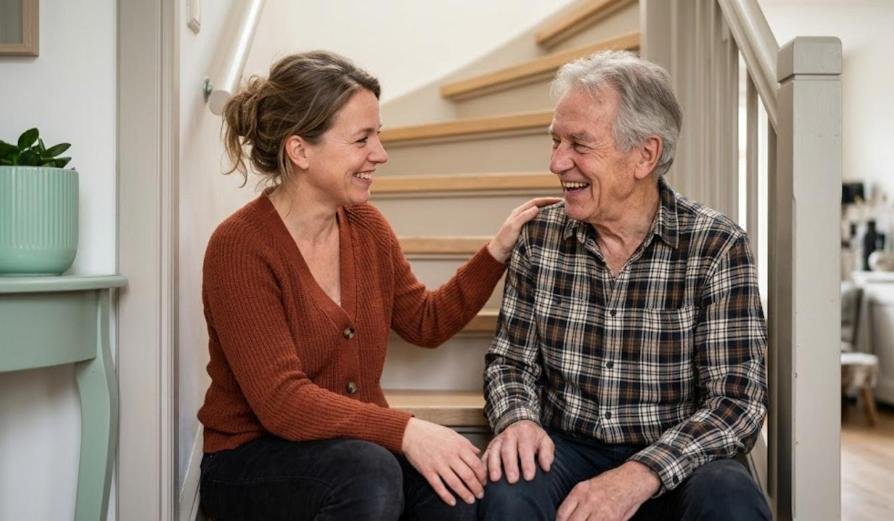 AI-illustratie: dochter en haar oudere vader zitten lachend samen op de onderste traptree