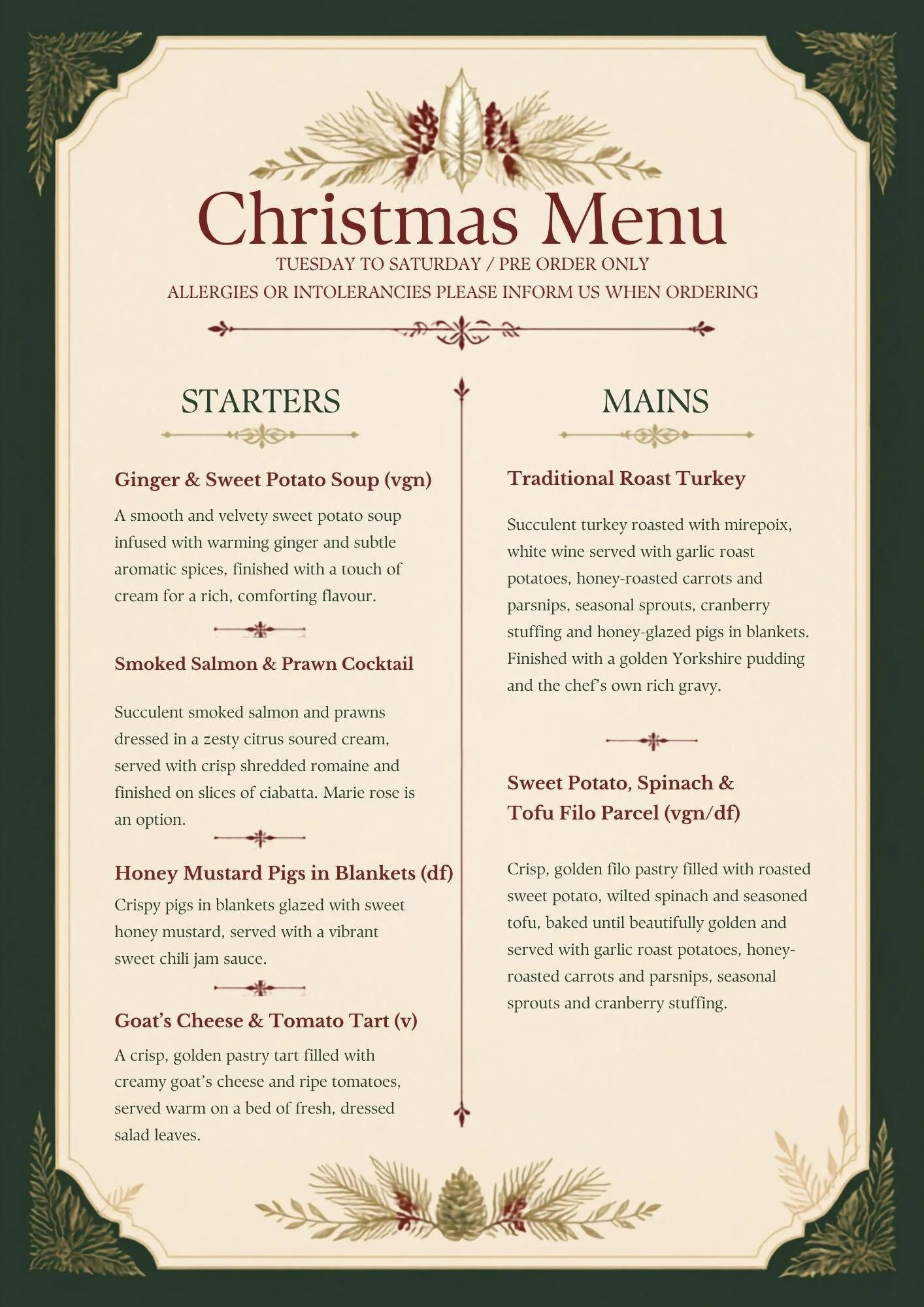 A festive Christmas menu with decorative gold and red accents, featuring starters and mains such as ginger and sweet potato soup, smoked salmon and prawn cocktail, goat's cheese and tomato tart, traditional roast turkey, and sweet potato, spinach, and tofu filo parcel.