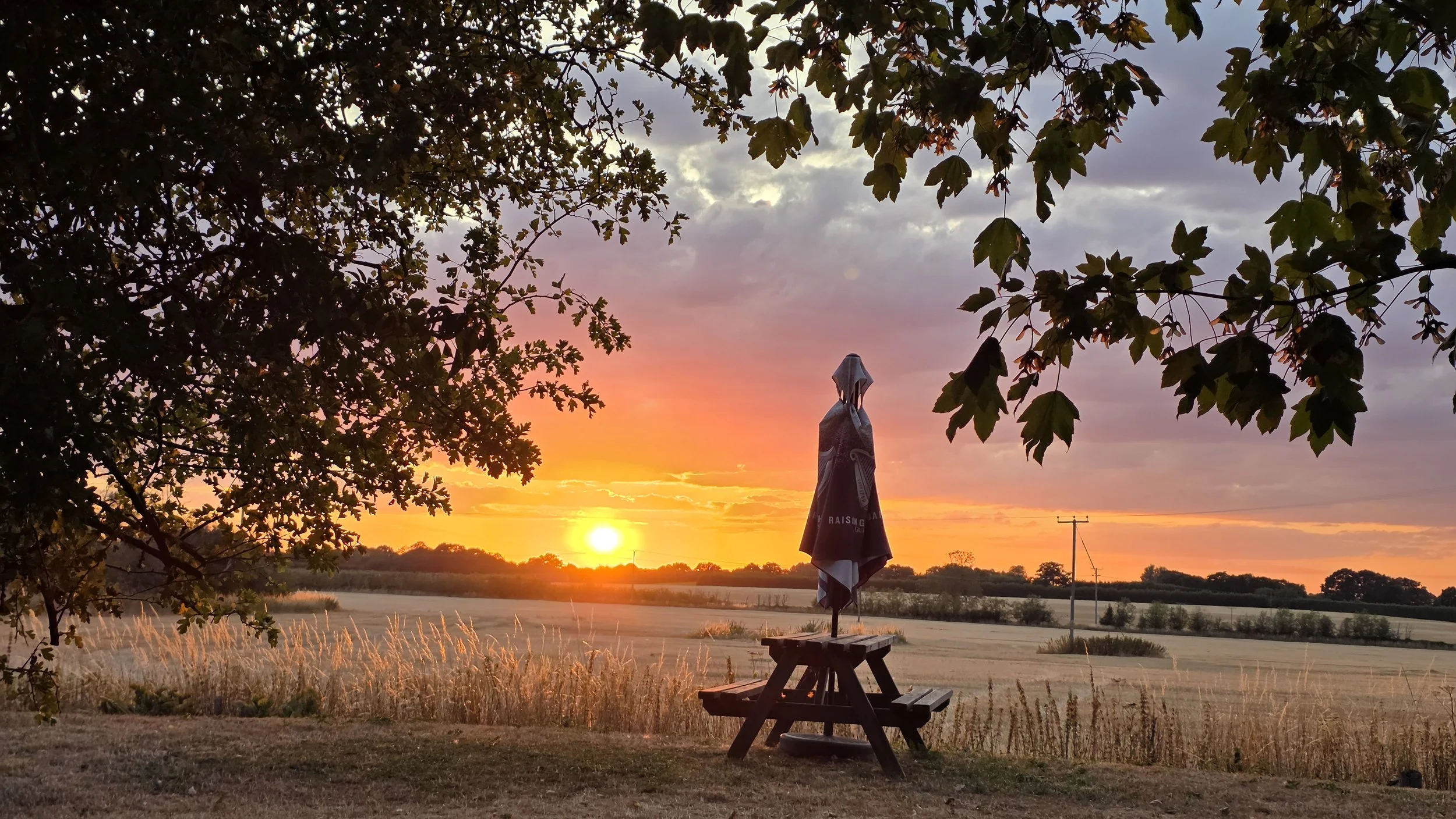Sunset over a rural landscape with a picnic table and closed patio umbrella in the foreground, framed by trees with green leaves.