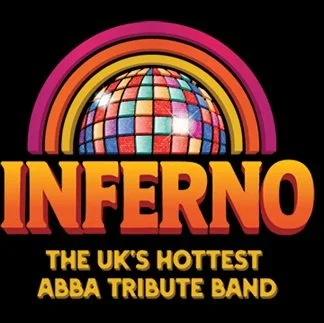 Logo for INFERNO, a tribute band to ABBA, featuring a rainbow with a disco ball and bold orange text.