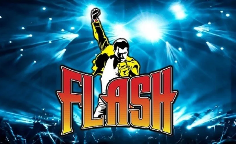 Illustration of a man with one arm raised in front of a blue concert stage with bright lights. Text reads 'FLASH' in large red and yellow letters.