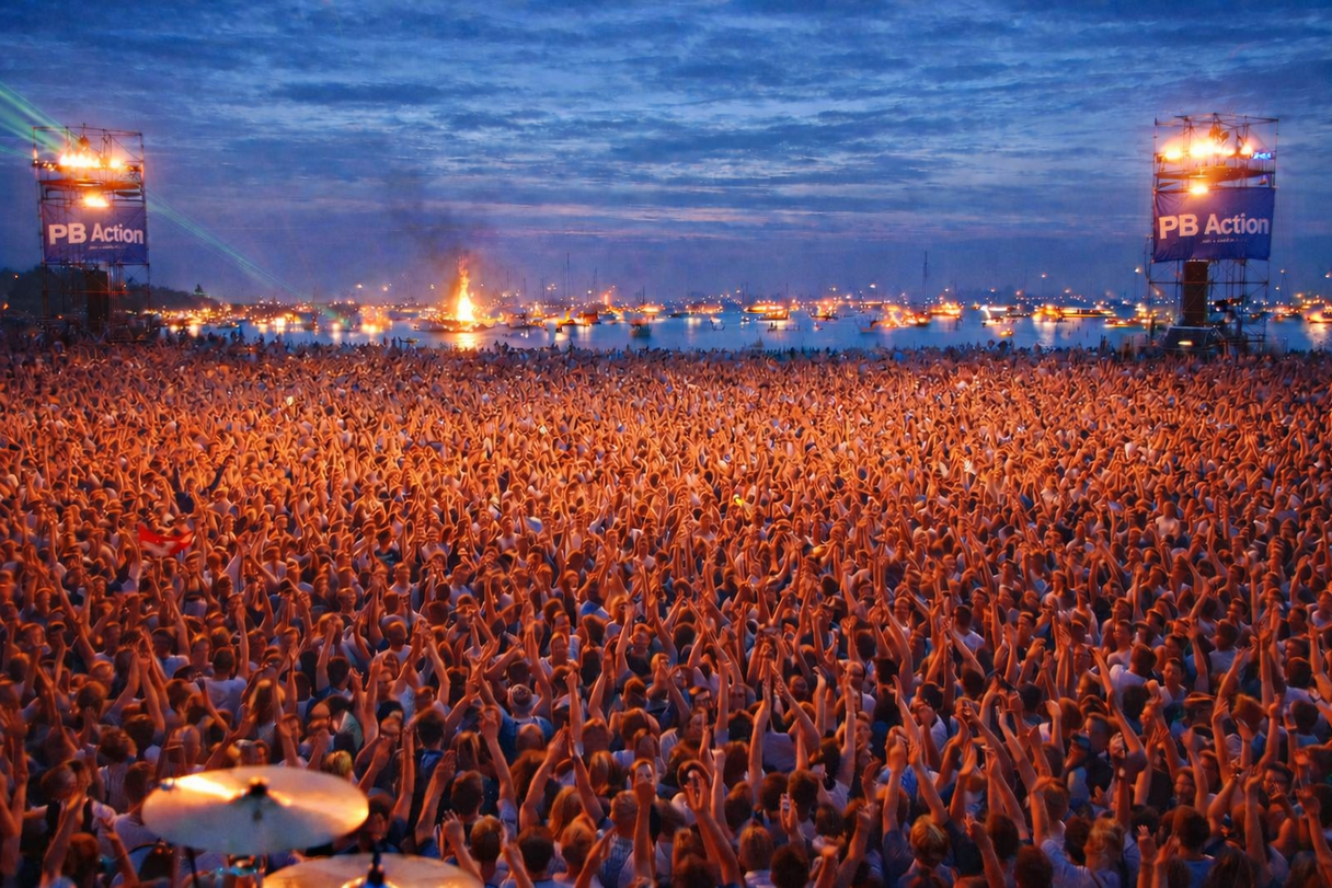 En stor koncert med mange mennesker foran en scene ved vandet, med skyer på himlen og bådefender i baggrunden.