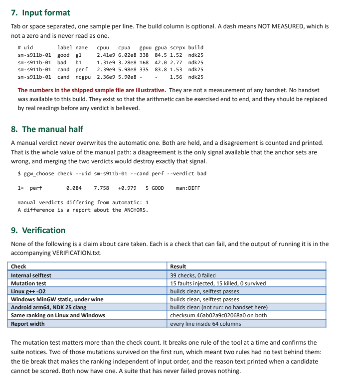 A detailed technical document discussing input format, manual verification, and validation procedures for a device or software, including sample data, explanations, and check results.