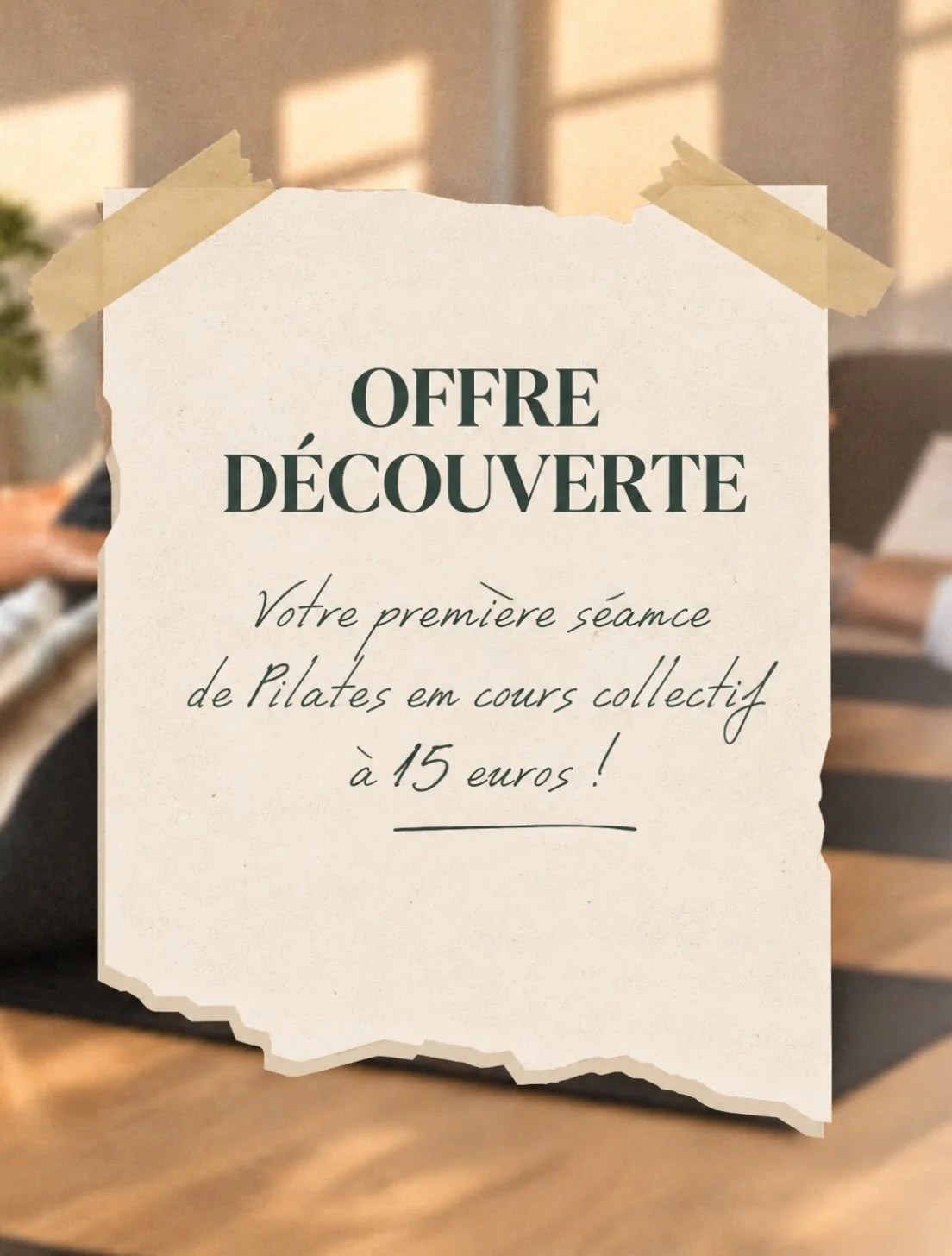 Et si c&rsquo;&eacute;tait le moment de d&eacute;couvrir le Pilates ? 🤎

Profitez de votre premi&egrave;re s&eacute;ance en cours collectif &agrave; 15 &euro;, dans un petit groupe de 6 personnes maximum, pour un accompagnement adapt&eacute; &agrave