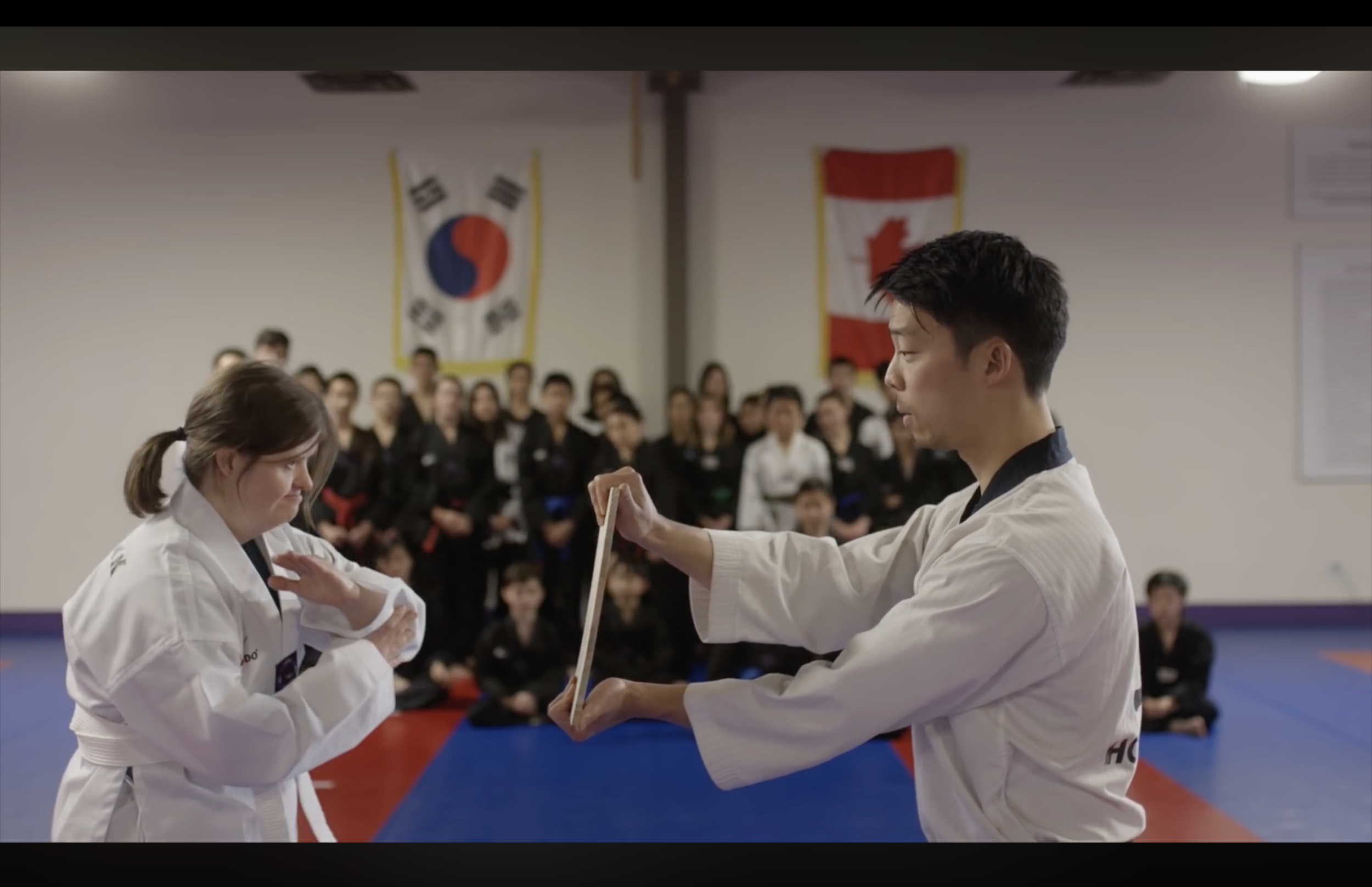 Martial arts demonstration with two practitioners wearing white uniforms performing a technique in front of an audience, with flags hanging in the background.