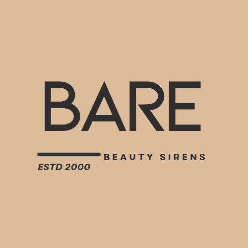 Logo for BARE Beauty Sirens, established in 2000, on a beige background.