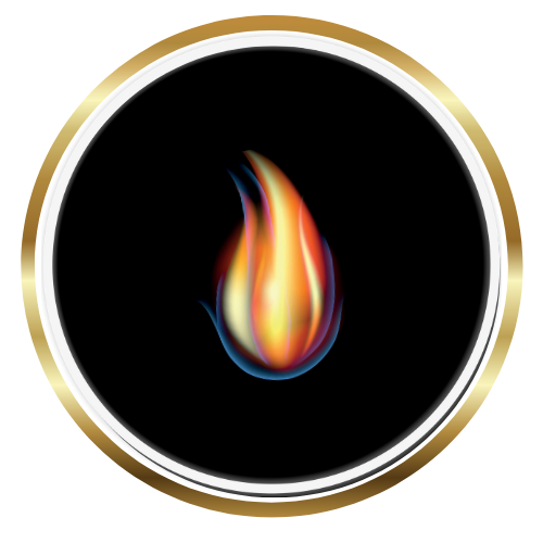 A stylized flame with orange, yellow, and blue colors on a black background and metallic silver and gold borders. Clean Burn Candle low allergen candle logo