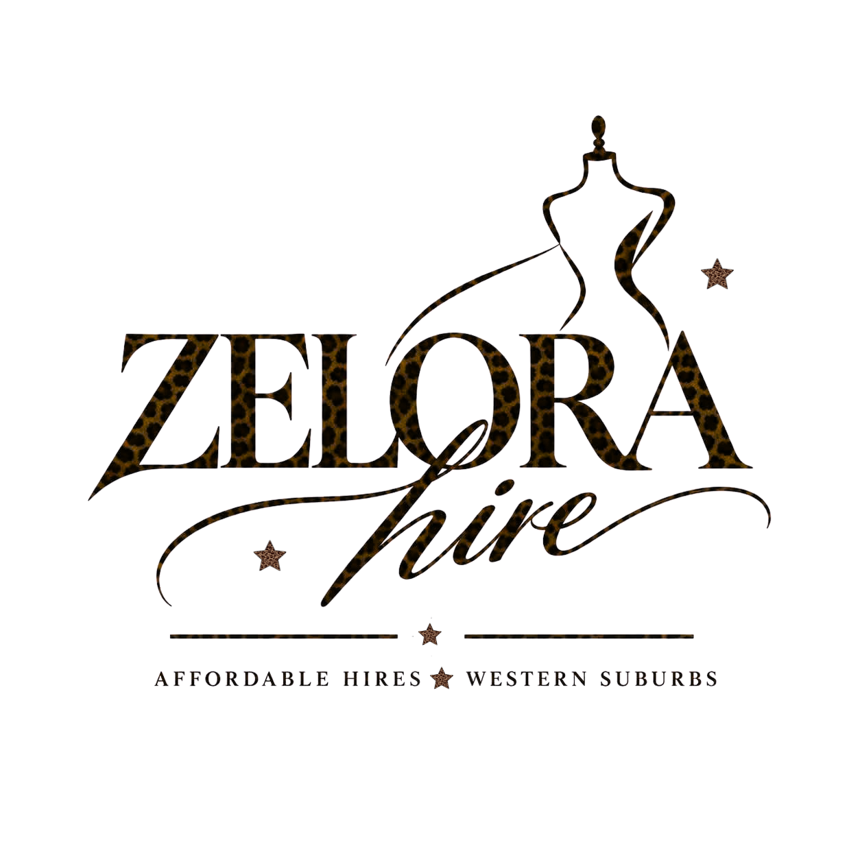 Logo for Zelaora Hire featuring a leopard print dress form silhouette and stars, with the tagline "Affordable Hires - Western Suburbs."