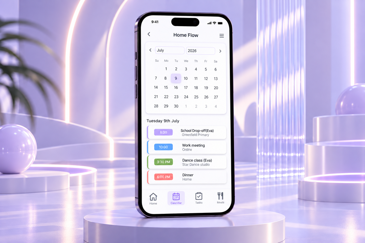 Once information has been added, the dashboard becomes a daily overview of the household. Upcoming events display their time, category and assigned family member, allowing users to quickly understand what is happening and who is involved.
Tasks are s