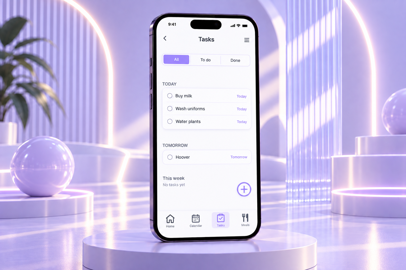 The Tasks screen separates household responsibilities from calendar events while keeping them within the same ecosystem. Tasks are organised into Today, Tomorrow and This Week, helping users prioritise what needs attention first.
The All, To Do and D