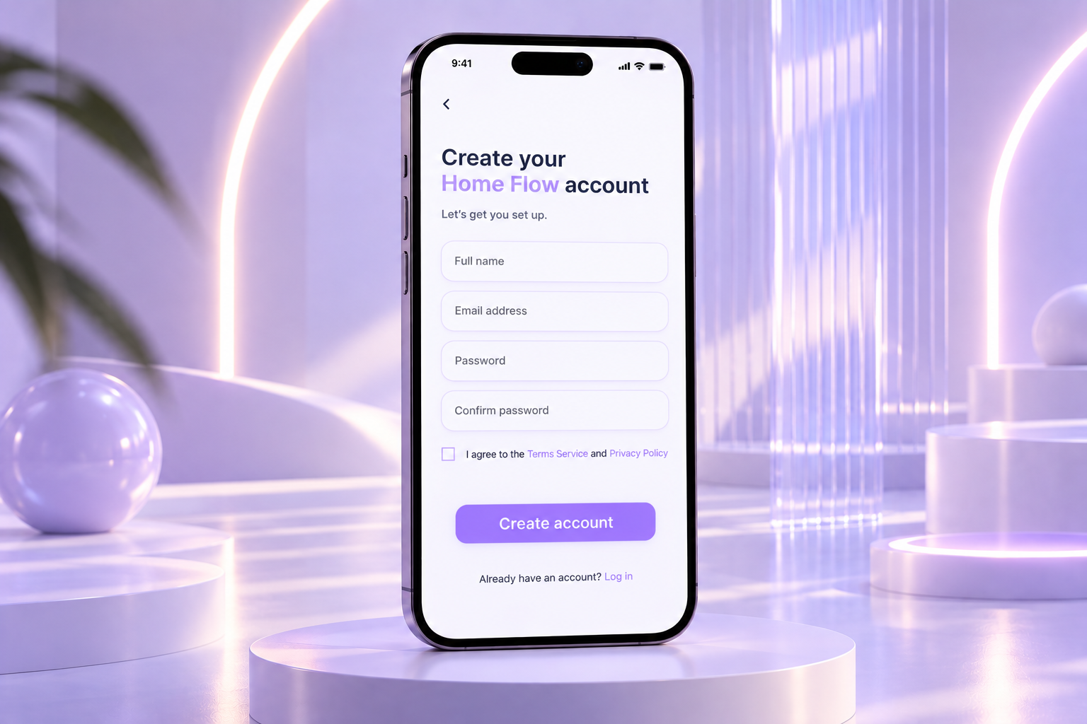 The account creation screen collects the essential information needed to set up a Home Flow profile, including name, email address and password. Terms and privacy information are included before account creation to make the process clear and transpar