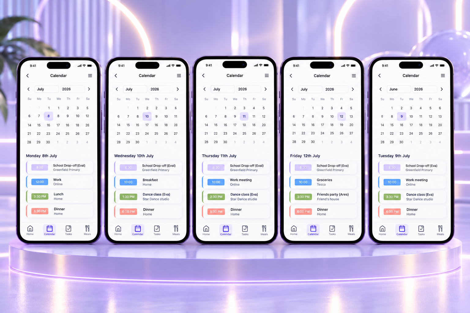 The Home Flow calendar is designed to give families a clear overview of their plans across different days and months. Users can move through the calendar, select individual dates and instantly see the events scheduled for that day. Each event display