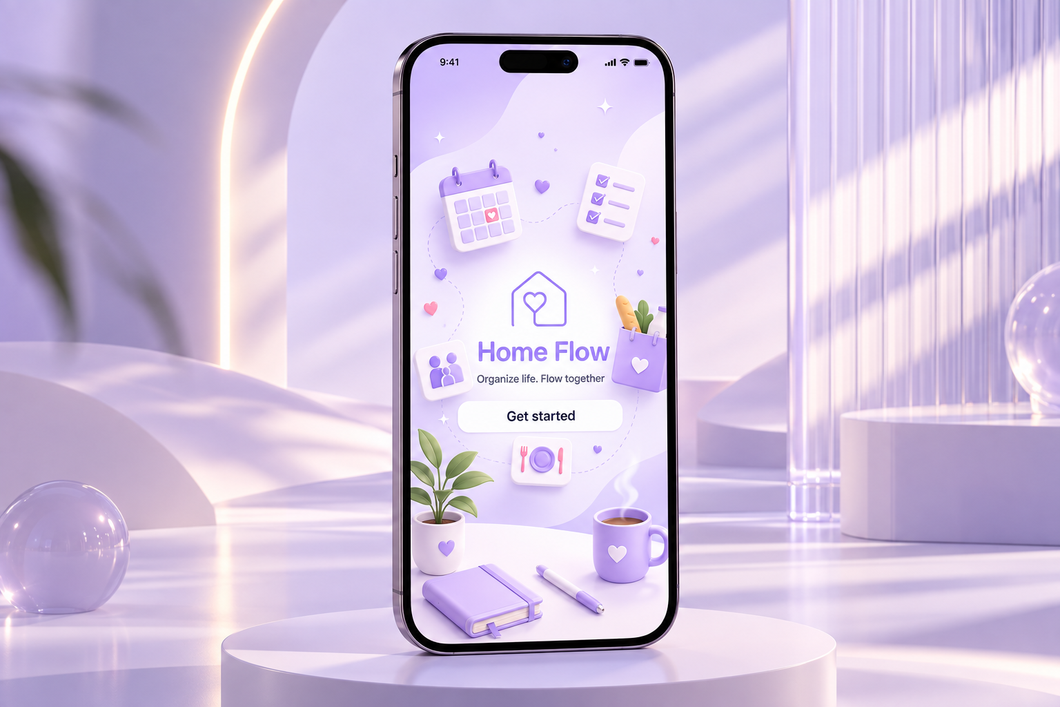 The welcome screen introduces users to Home Flow and establishes the app’s calm and friendly visual identity. The Get Started button provides one clear action, taking new users directly into the onboarding process without overwhelming them with optio
