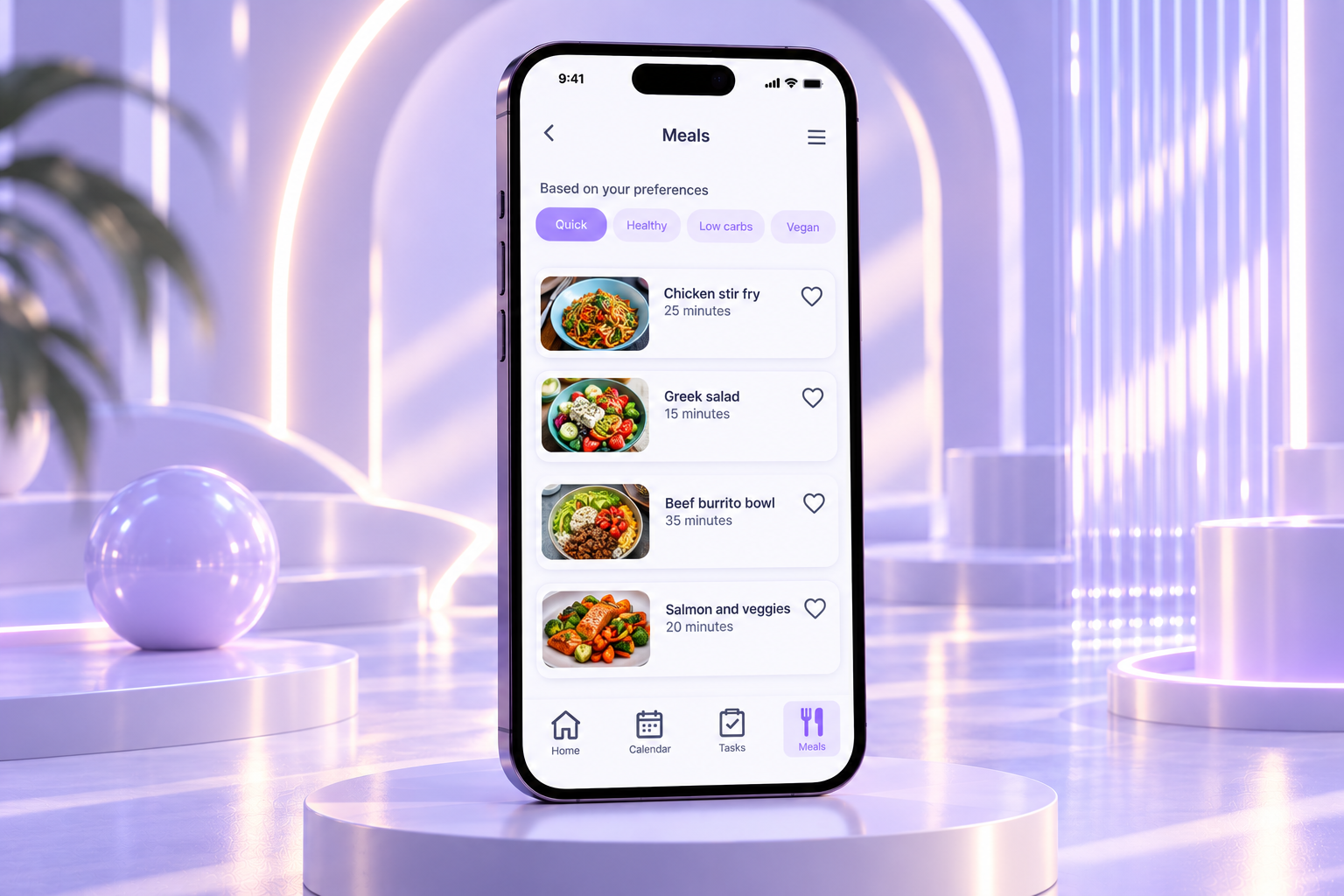 The Meals area introduces meal planning into the wider family organisation experience. Recommended recipes can be explored according to preferences such as Quick, Healthy, Low Carbs and Vegan.
Each card gives users the most useful information upfront