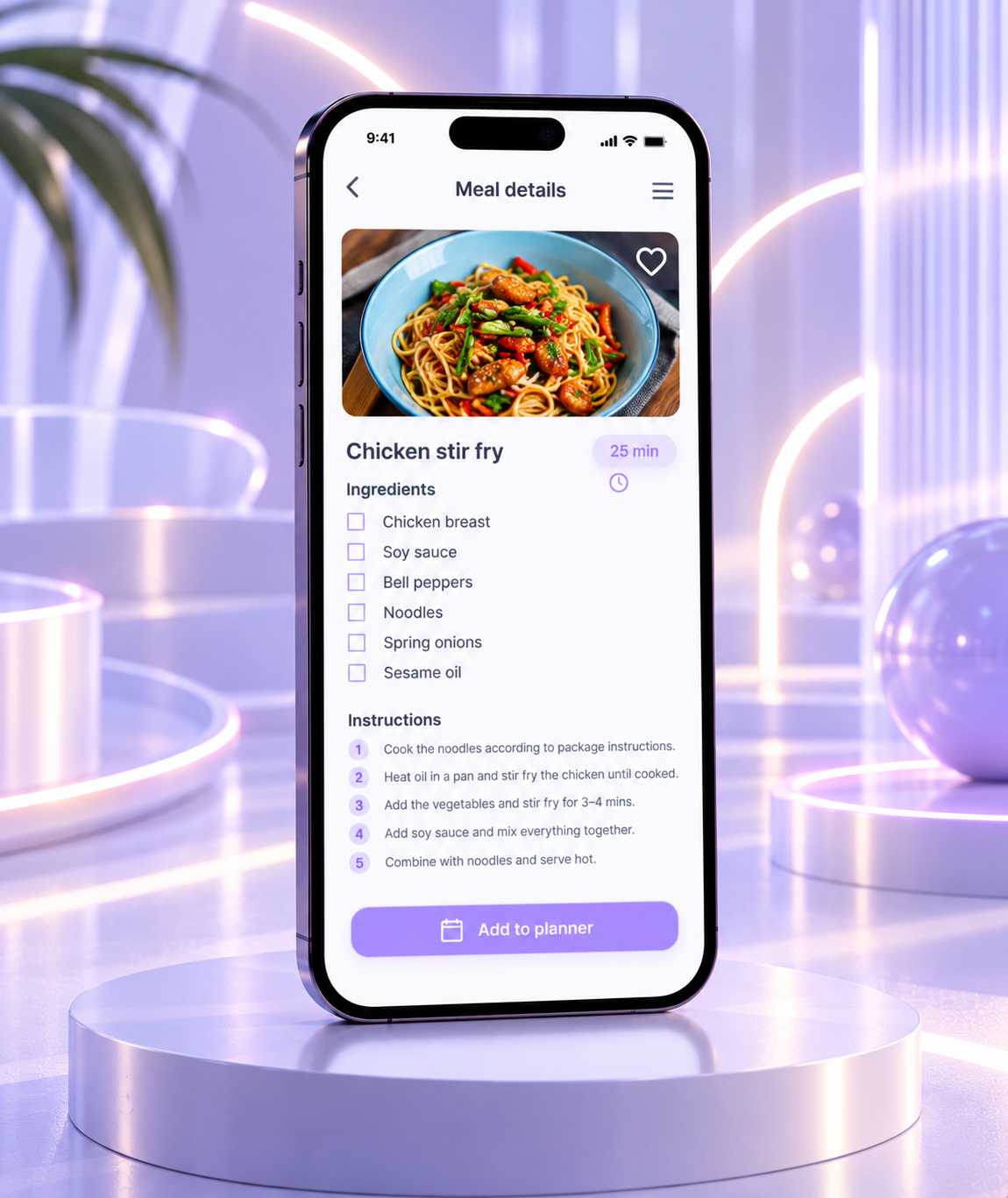 The Meal Details screen expands a selected recommendation into practical information needed to prepare it. Users can review the preparation time, ingredients and step by step instructions without leaving Home Flow.
The ingredient checklist also makes