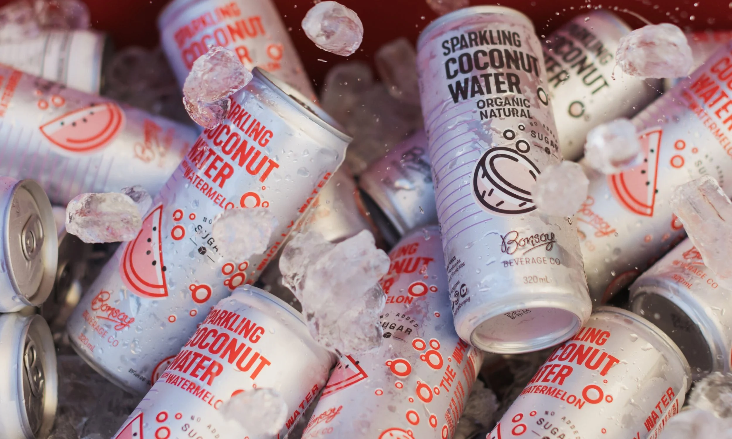 Bottiglie di acqua di cocco frizzante con ghiaccio.