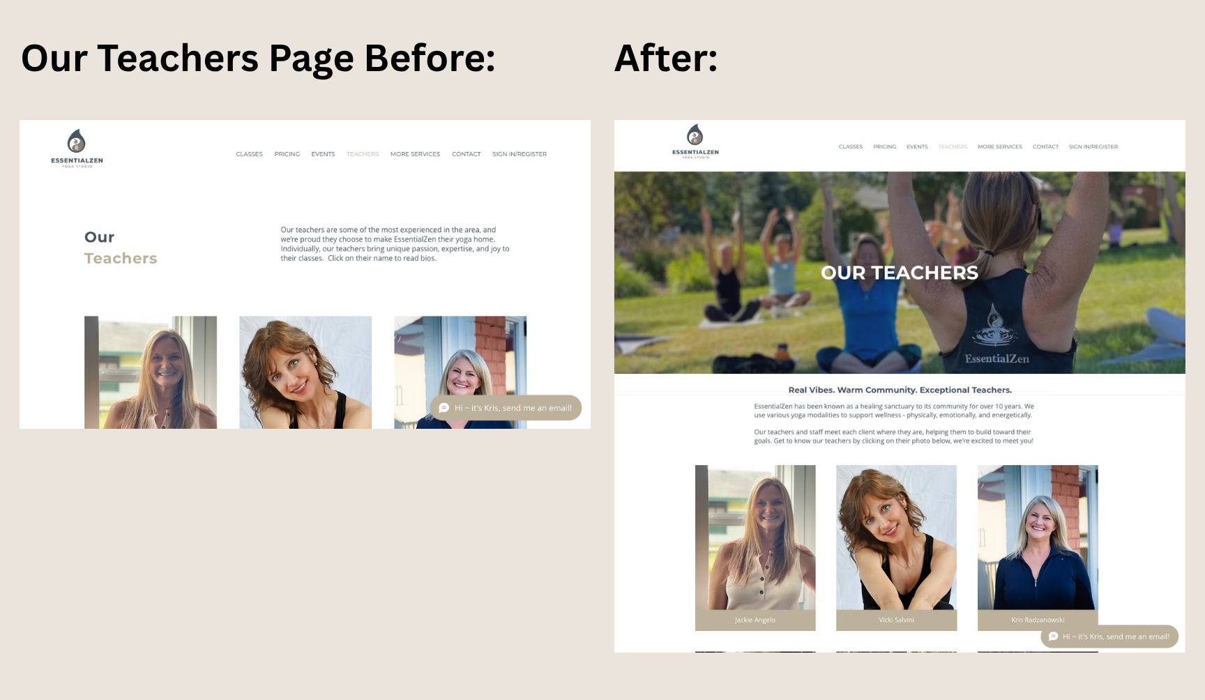 EssentialZen Yoga Website Our Teachers Page Before & After