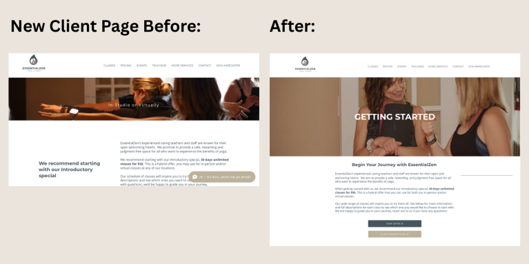 EssentialZen Yoga Website New Client Page Before & After