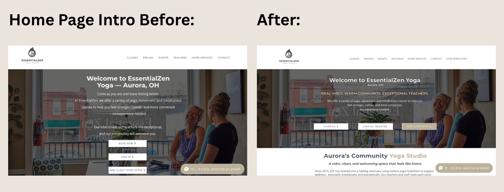EssentialZen Yoga Website Homepage Before & After
