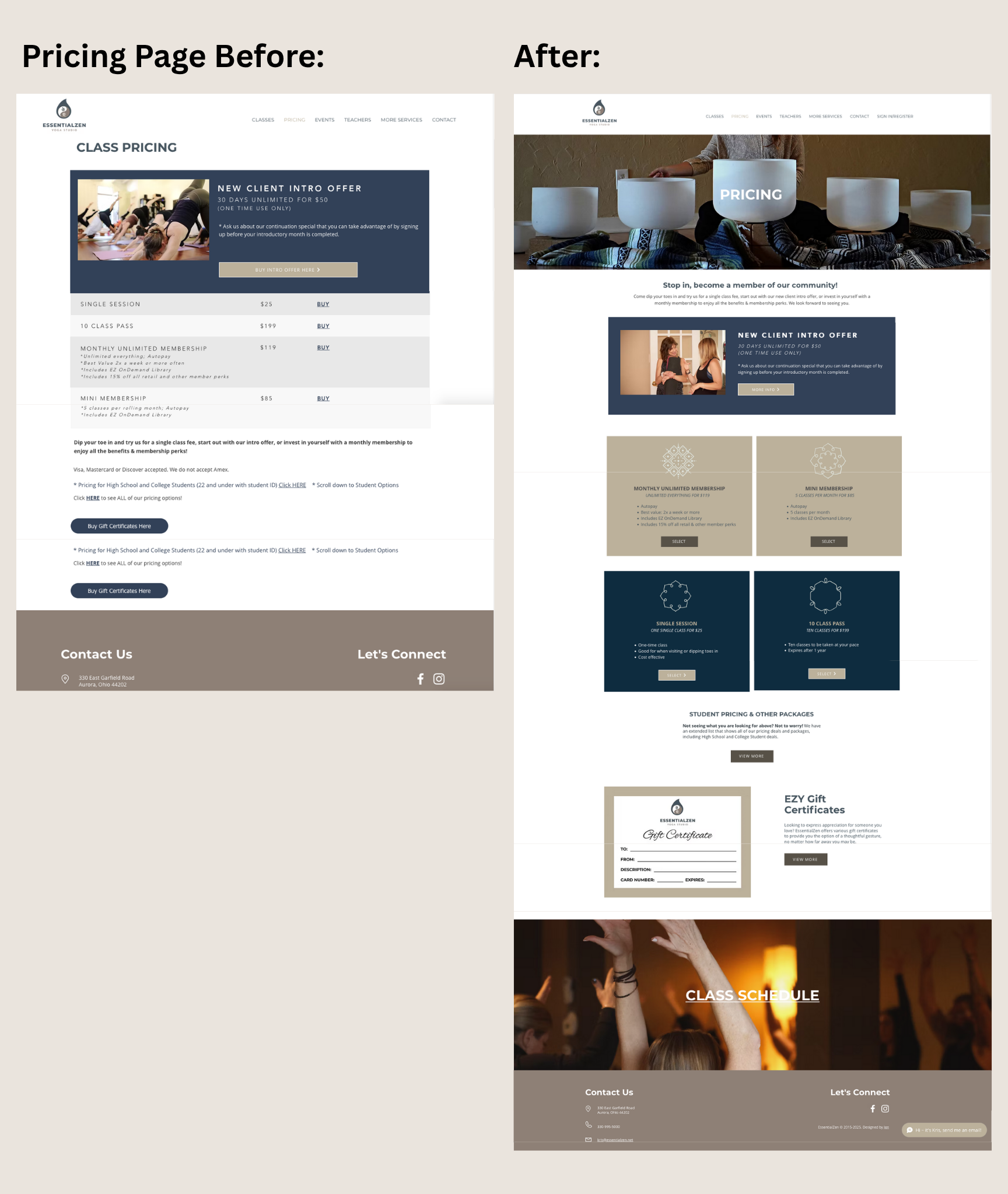 EssentialZen Yoga Website Pricing Page Before & After