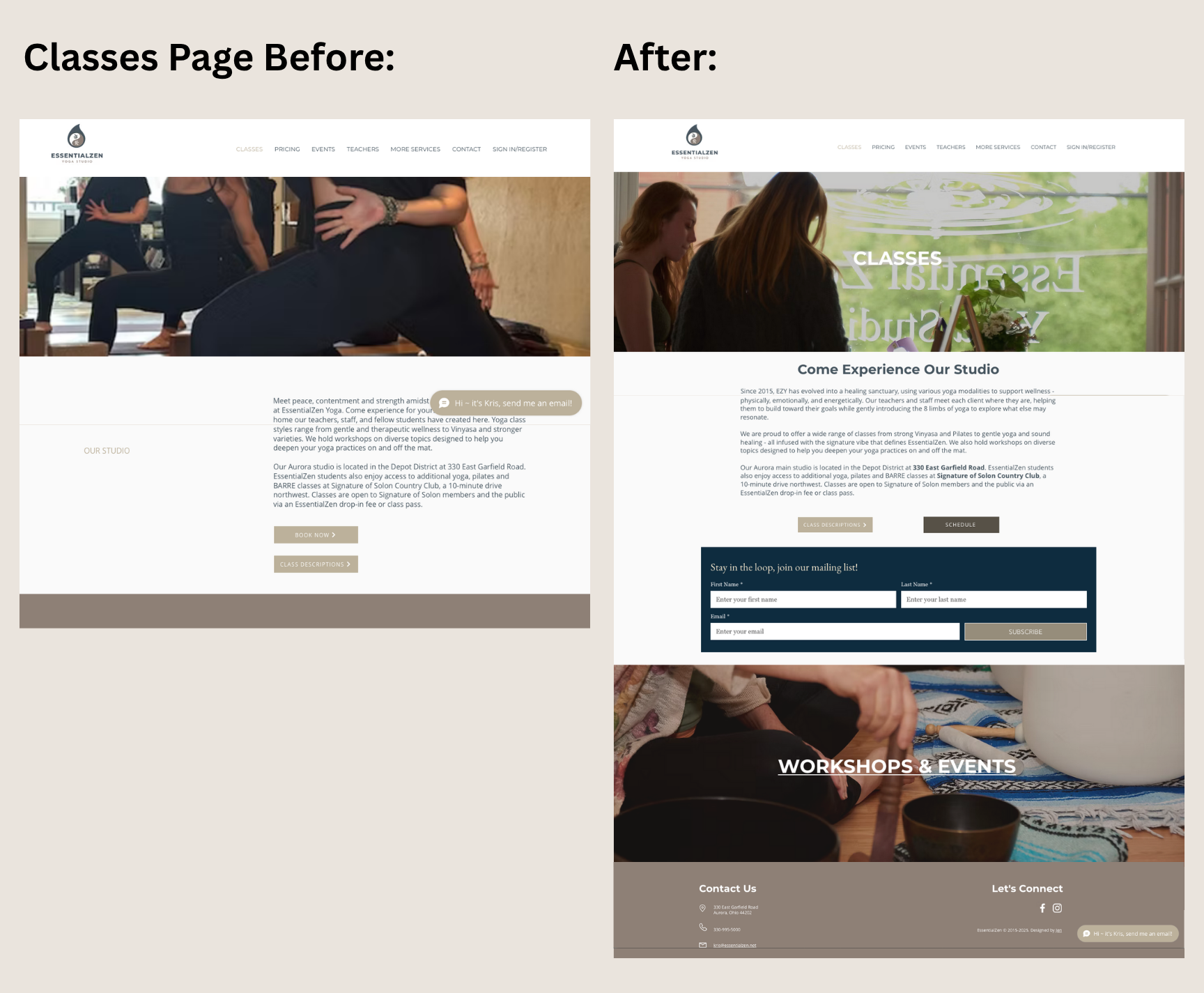 EssentialZen Yoga Website Classes Page Before & After
