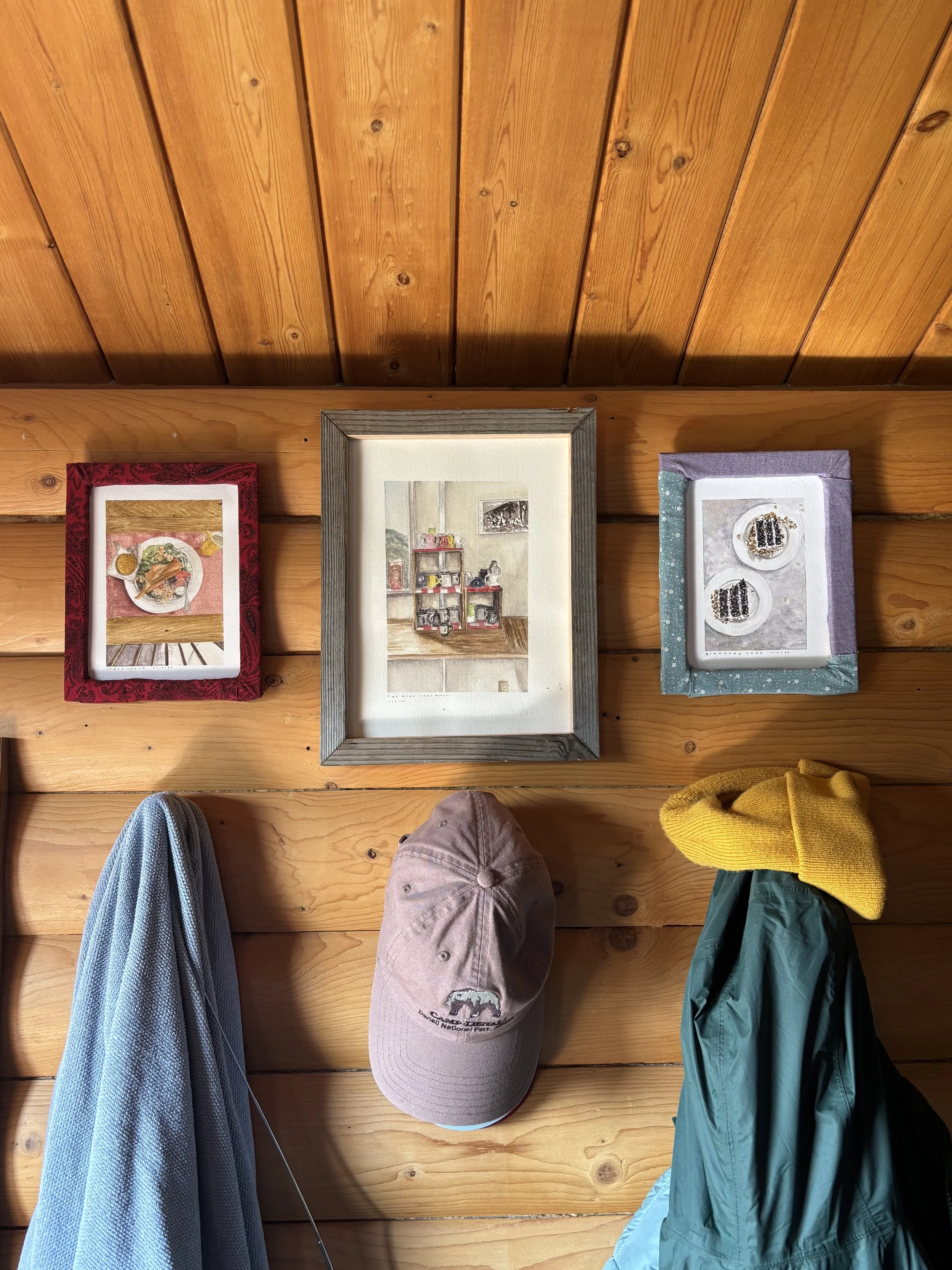 Three framed pictures hanging on a wooden wall with several coats and hats hanging below.