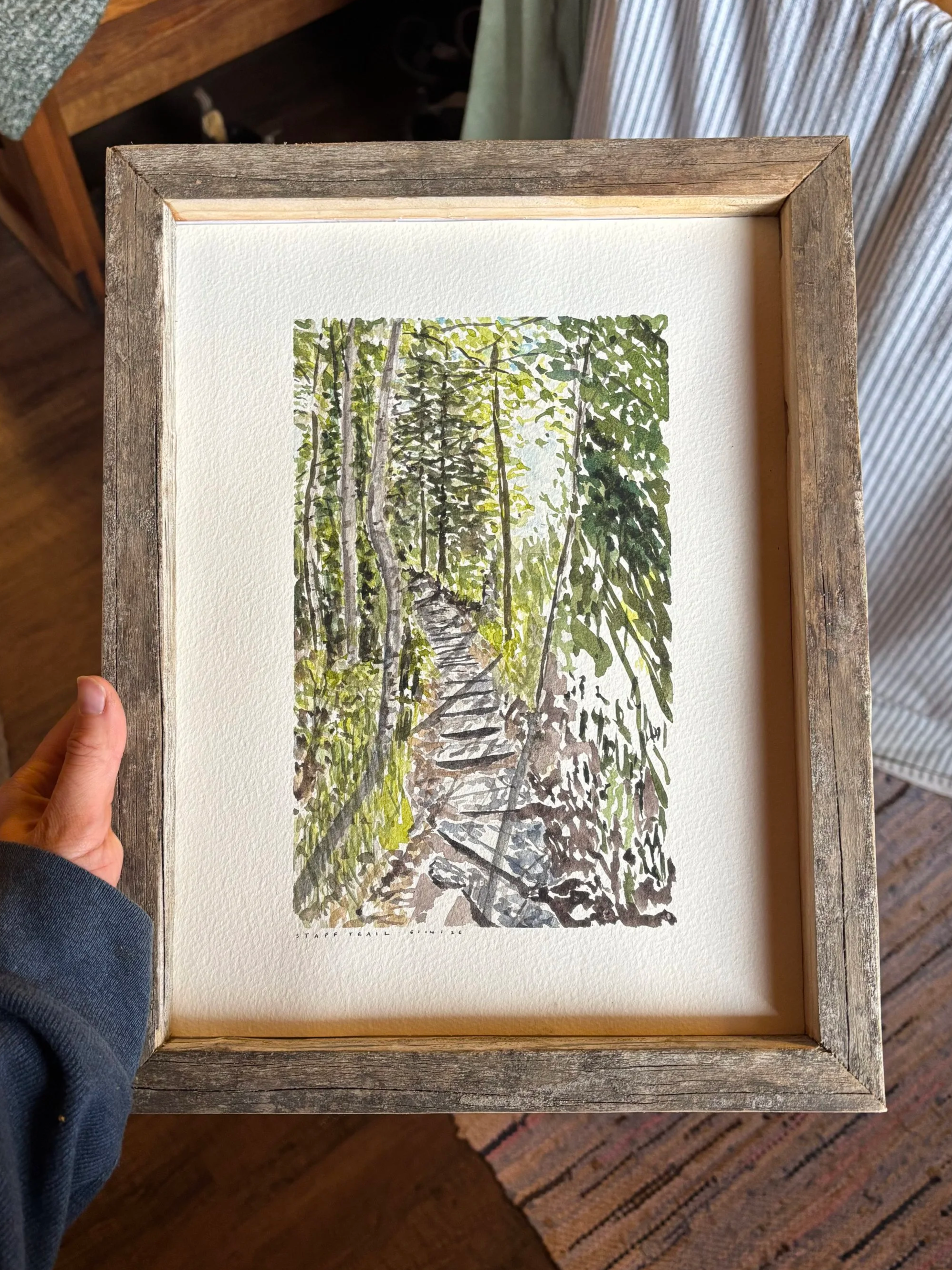 Watercolor painting of a wooded trail with trees and green foliage, titled 'Staff Trail, Gillill'.
