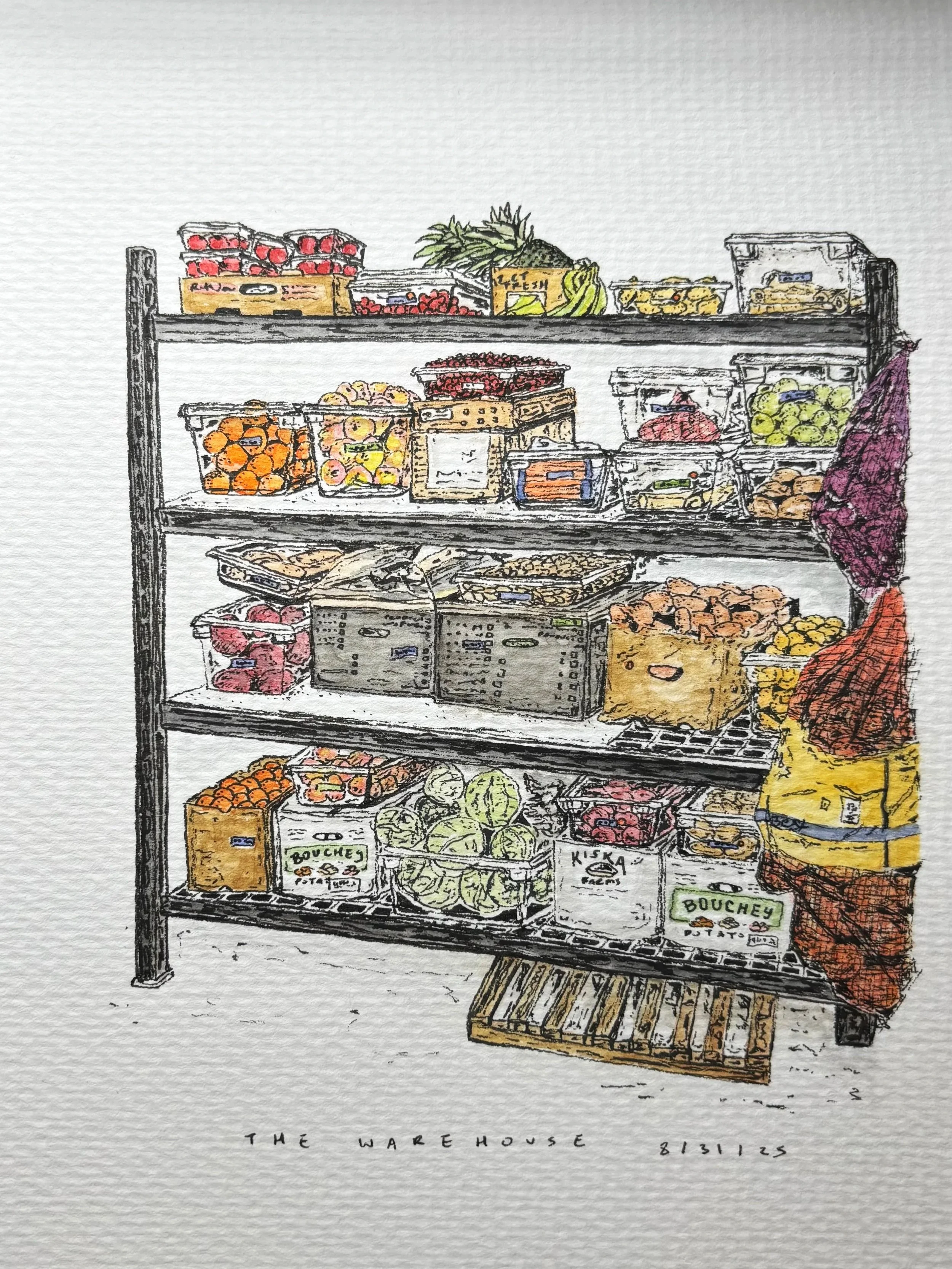 Hand-drawn illustration of a grocery store shelf filled with various fruits and vegetables, including oranges, apples, grapes, bananas, and pineapples, with a handwritten title "The Warehouse" and date "8.31.25" below.