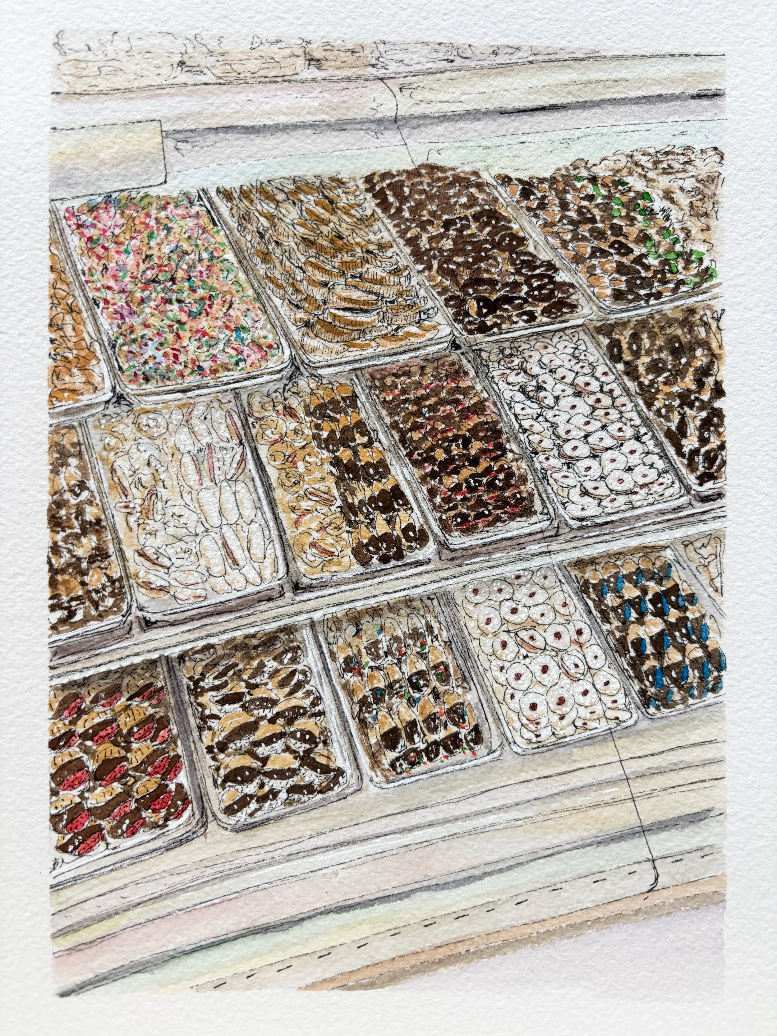 Sketch of a display case with multiple trays of assorted pastries and confections.