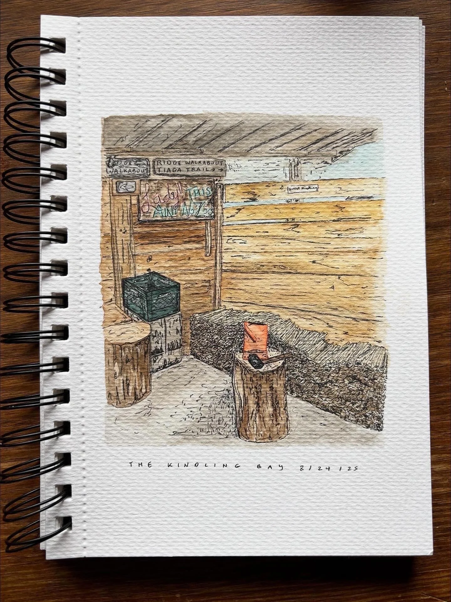 Watercolor sketch of an indoor scene with wooden furniture, signs for a trail, and a chalkboard, titled "The Kinoling Bay 824 125."