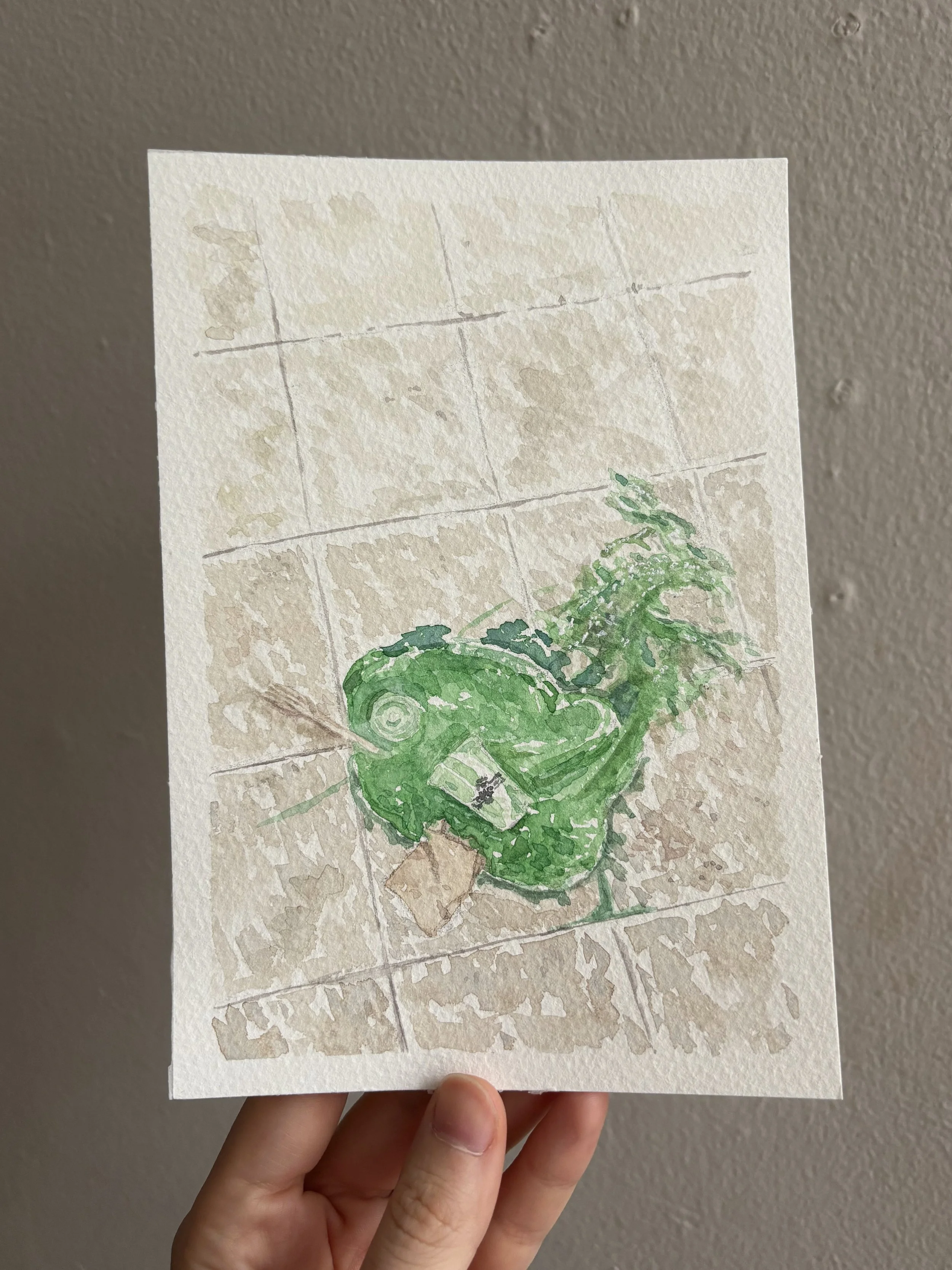 Watercolor painting of a green chameleon on a tiled outdoor wall.