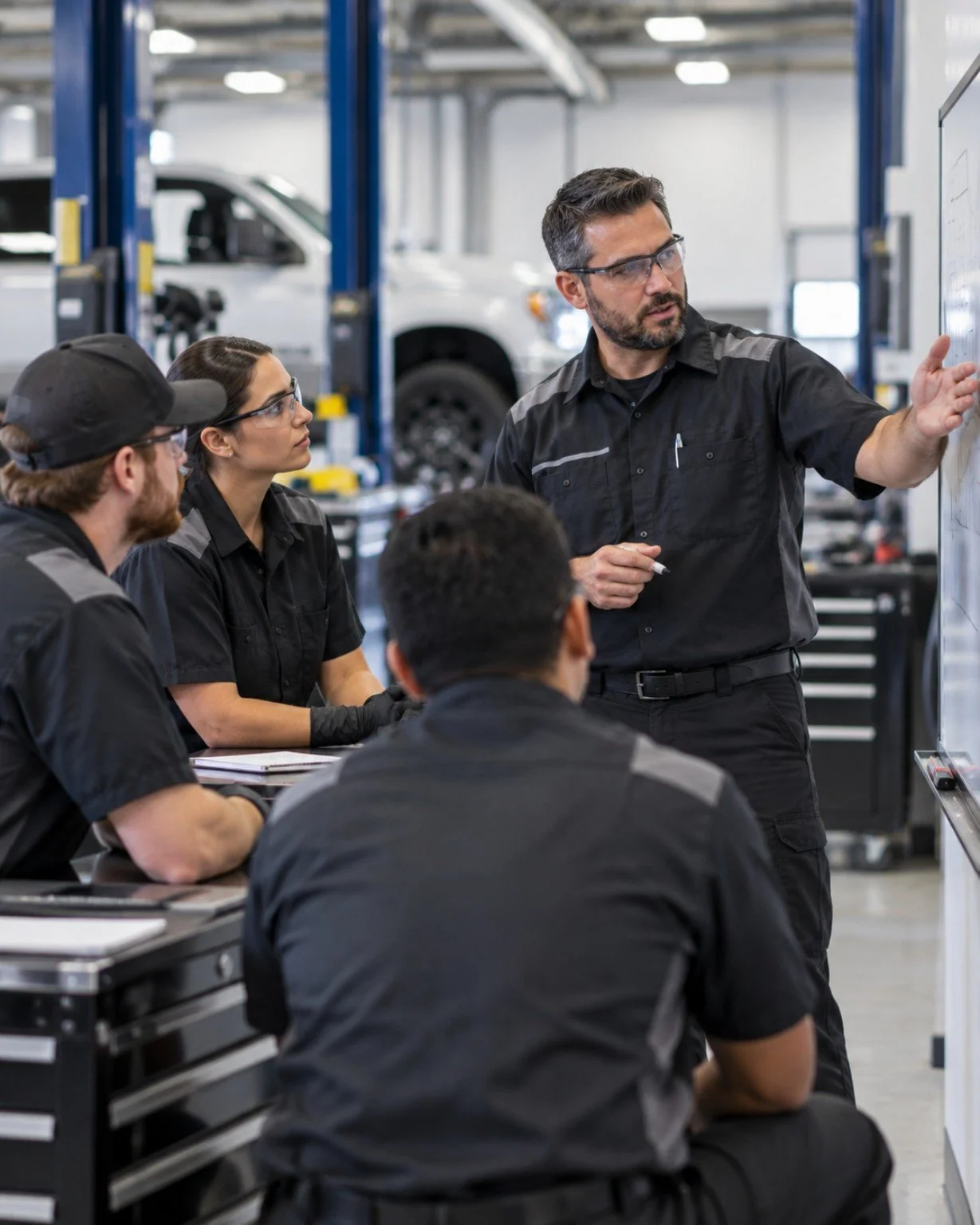 Automotive service team taking part in practical onsite training