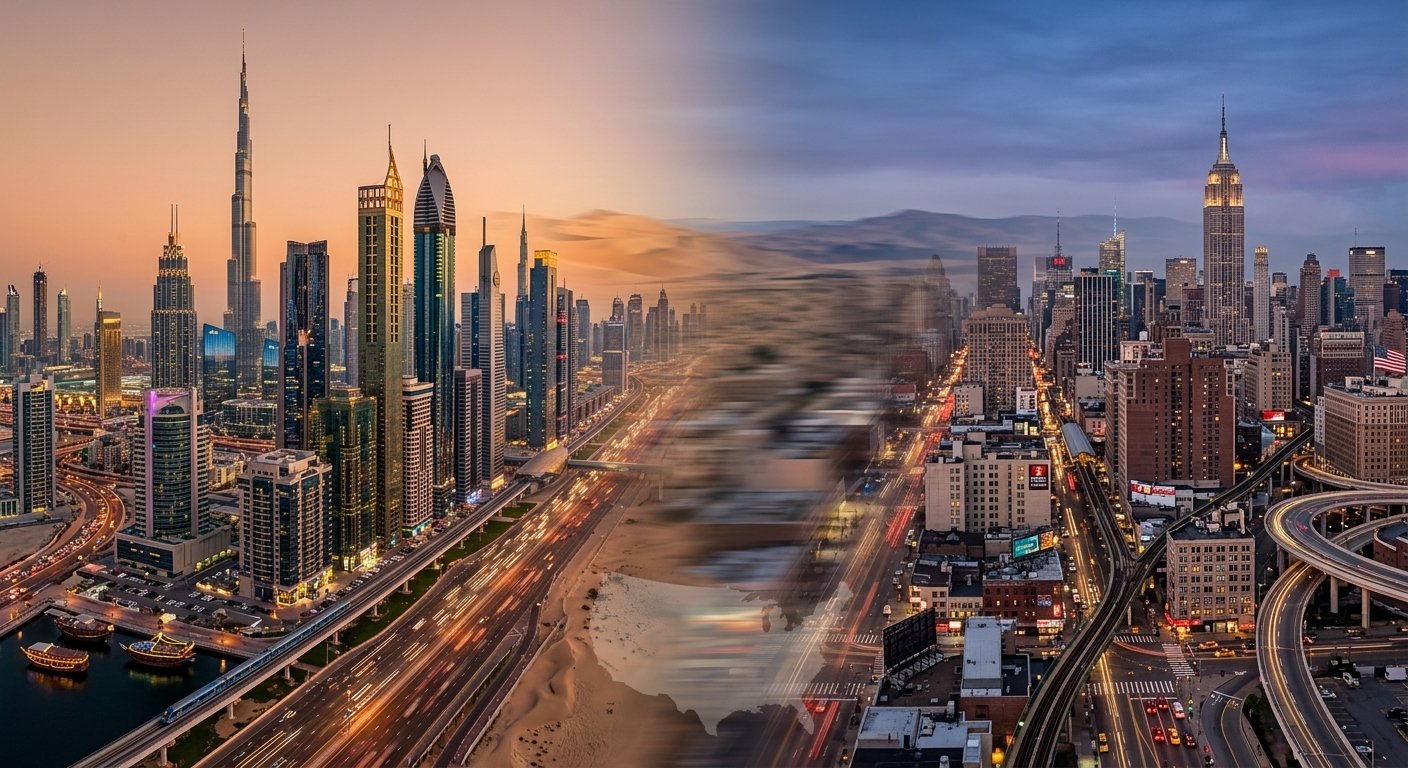 The Dubai skyline at sunset blending into the New York City skyline, representing Invest Forward in Dubai and America