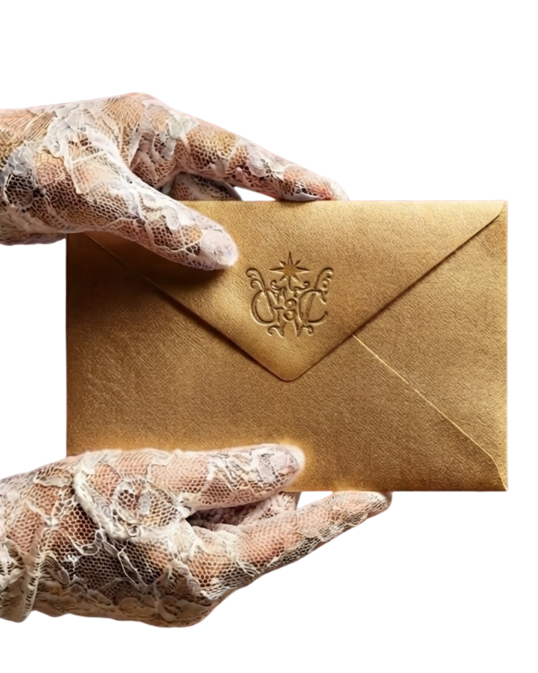 Hands in white lace gloves hold a gold envelope sealed with the Good Woman Circle monogram