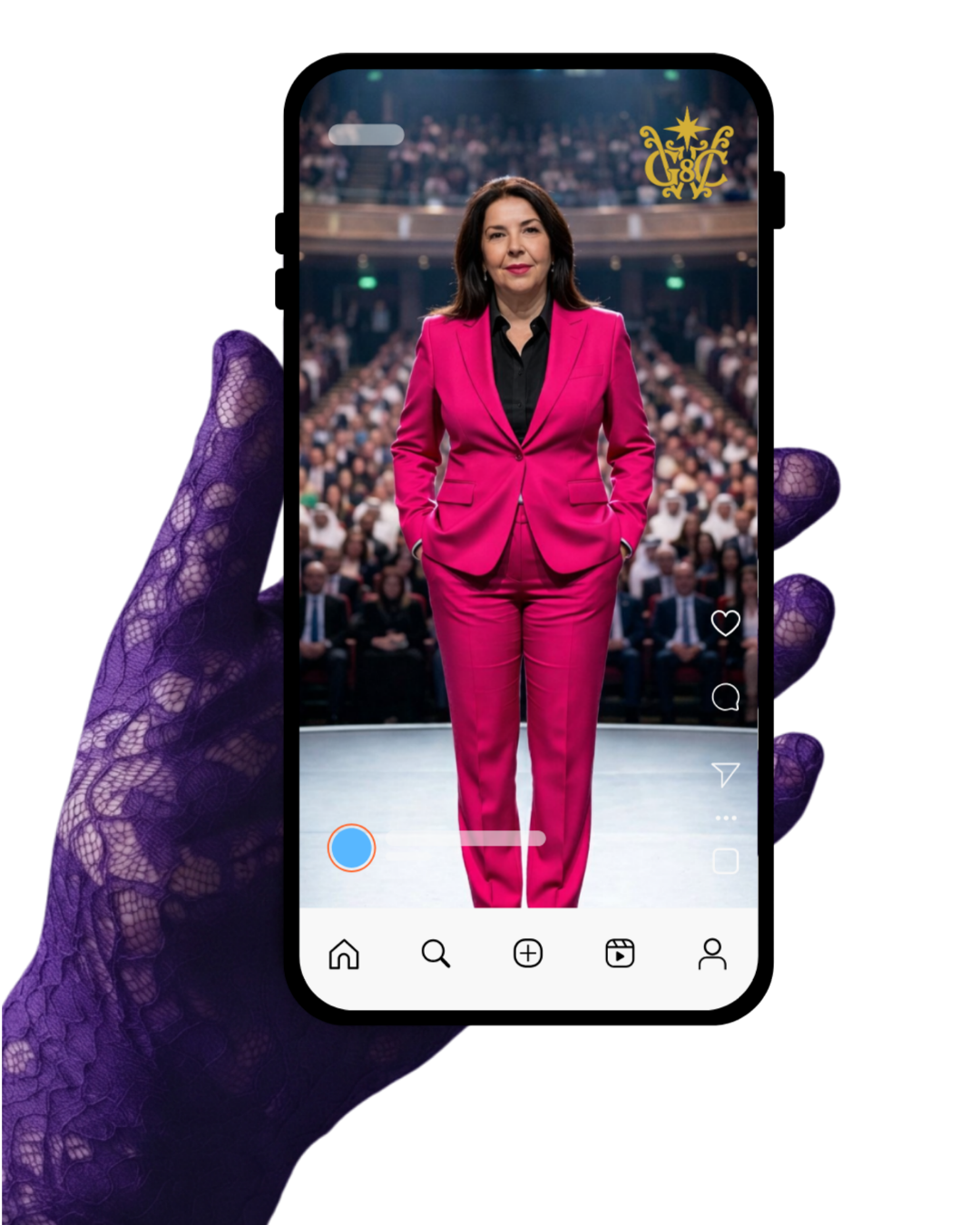 A hand in a purple lace glove holds a phone showing a woman in a pink suit standing on stage in front of a large audience